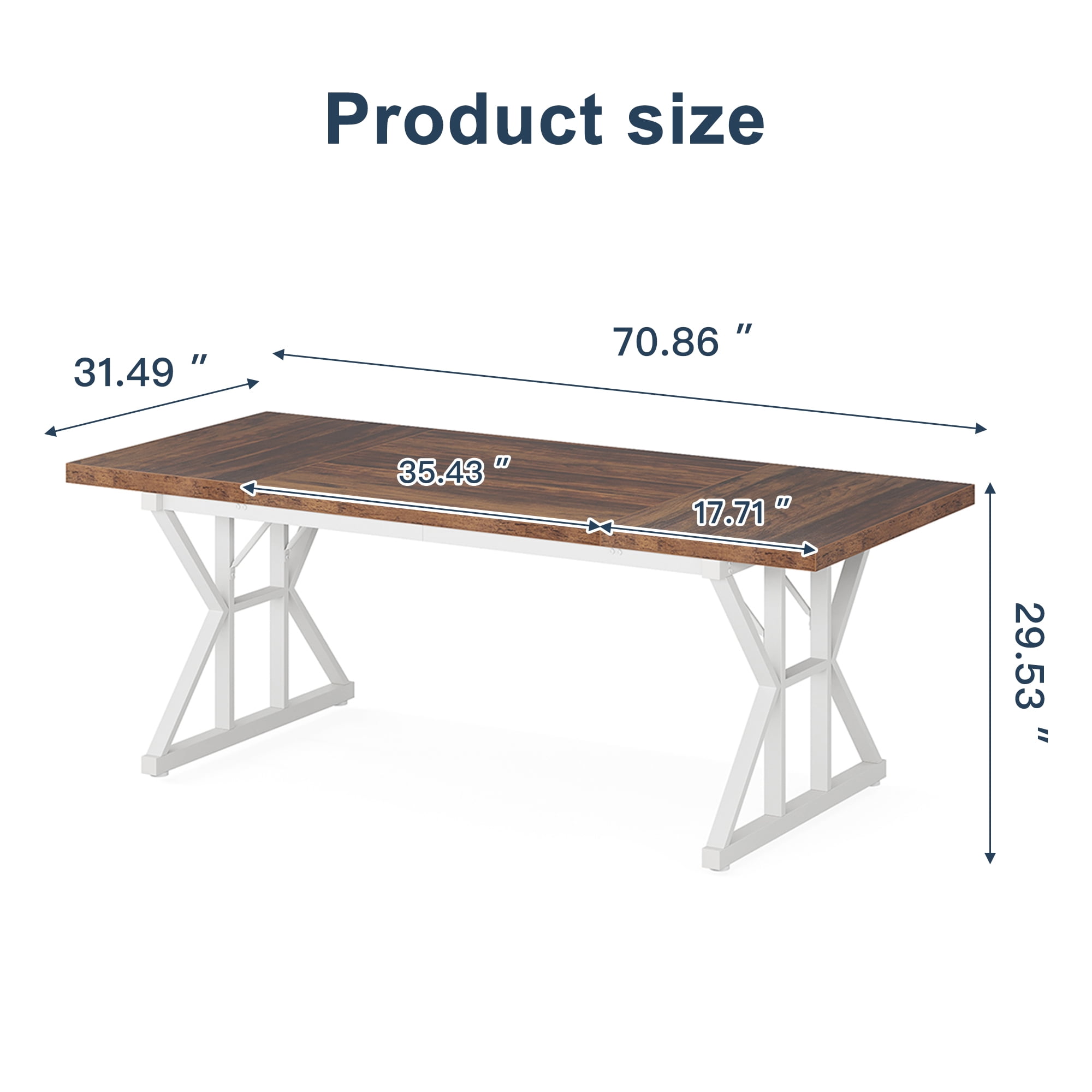 Demi Bonn 71" Farmhouse Dining Table, Wood Rustic Kitchen Table for 6 People, Large Rectangular Dinner Table for Dining Room, Home Office, Living Room Furniture, Brown & White
