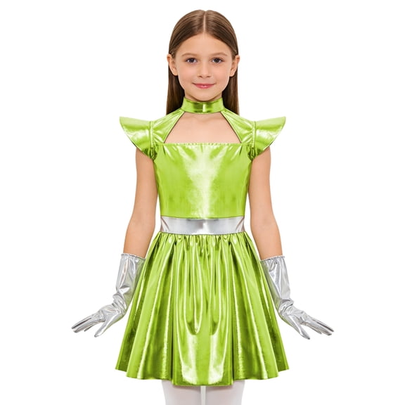 vastwit Kids Girls Alien Outfit Metallic Cap Sleeves Mock Neck Robot Mini Dress with Gloves 2Pcs Set Fluorescent Green 6
