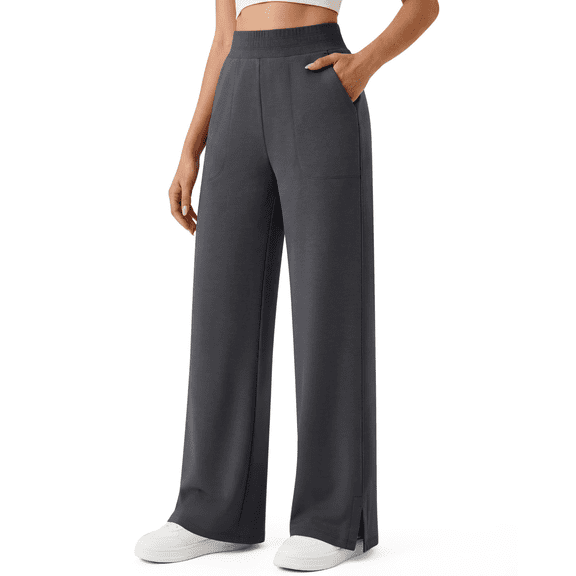 G4Free Smoofit Modal Soft Sweatpants Women Ribbed Waist Wide Leg Casual Pants Side Slit with Pockets