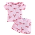 thumbnail image 3 of Gubotare Baby Girl Clothes Set Toddler Baby Girl Clothes Knit Floral Fly Sleeve Tops Shorts Cute Summer Spring Outfits Clothing Set (Pink,Size 18-24 Months), 3 of 9
