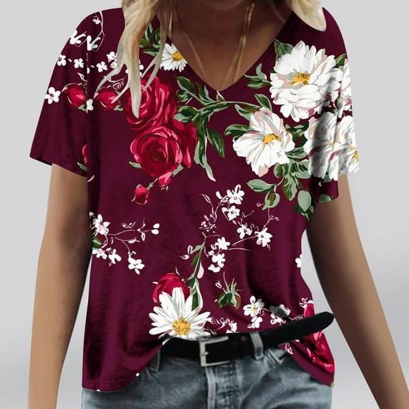 YOTAMI Women's Blouses V-Neck Floral Print Graphic T-shirts Short Sleeve Summer Loose Pullover Tops Wine
