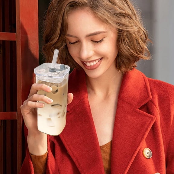Square Glass Cups with Lid and Straw, 400ml Heat-Resistant Transparent Glass Tumbler for Cold Drinks, Juice, Milk, Cocktail, and Coffee - Ideal for Home Parties
