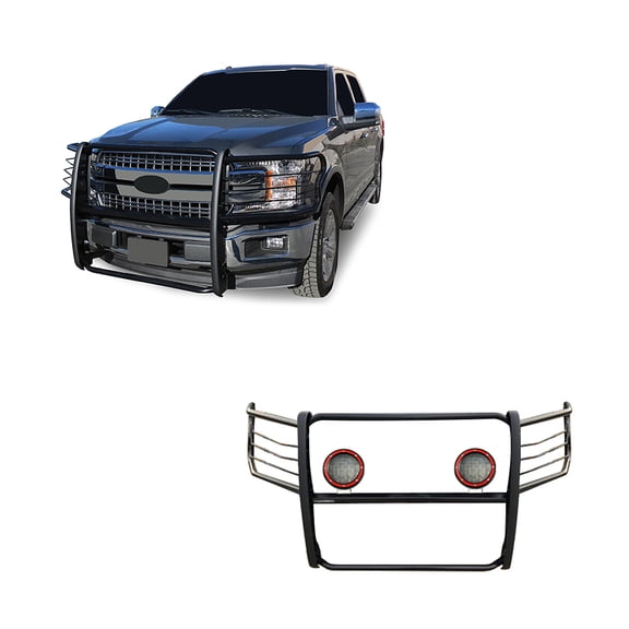 Black Horse Grille brush Bumper Guard Modular Black Come With Pair of 5.3" Dia.LED Lights with Red Trim Rings Compatible with 2015-2024 Ford F-150-17FP32MA-PLFR