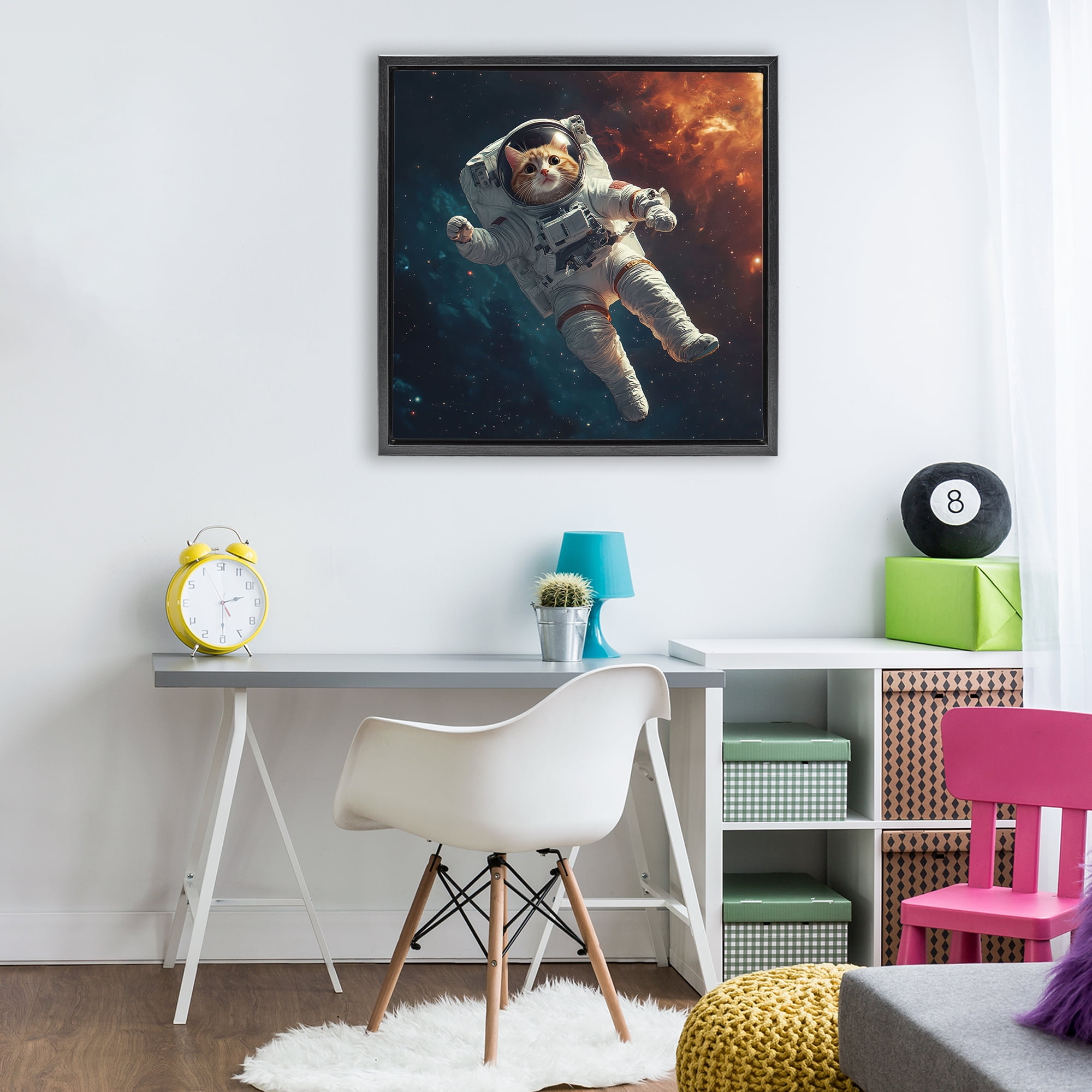 Interstellar Cat Astronaut Black Framed Floater Canvas Wall Art, design by Jim Baldwin