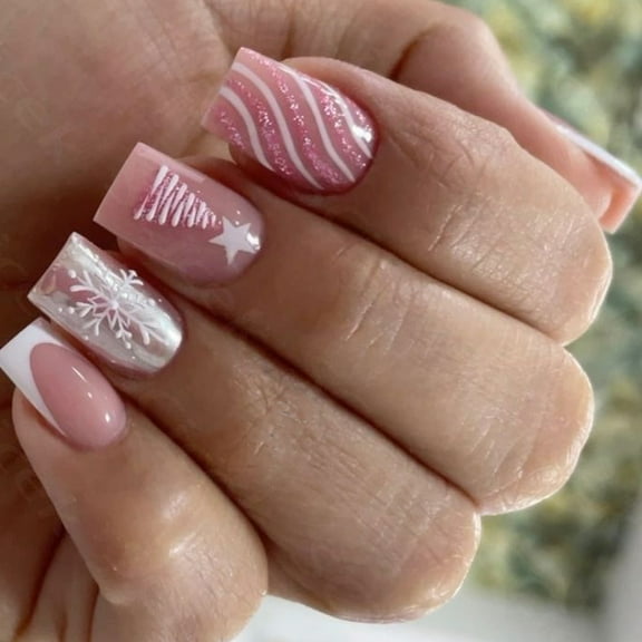 Pack of 24 Christmas False Nails Snowflake Design ABS Press On Nails for Holiday Parties and Daily Wear Use