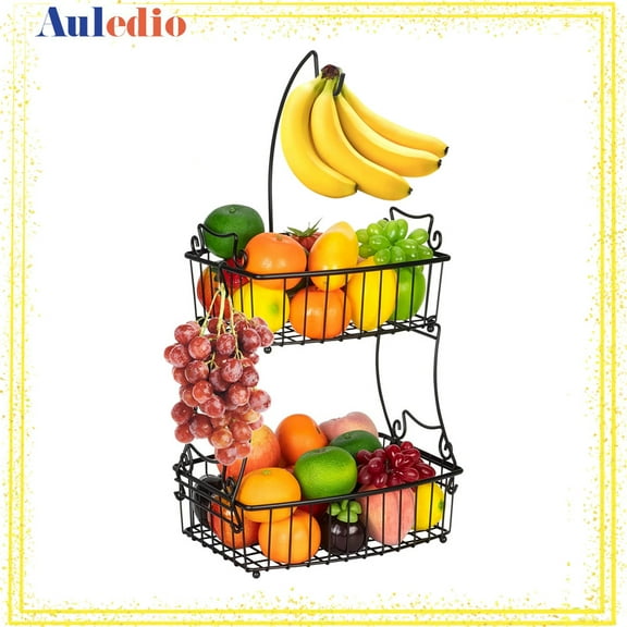 Auledio 2-Tier Oval Metal Fruit Basket Bowls with Banana Hanger, Decorative Storage Standfor Kitchen Countertop, Black