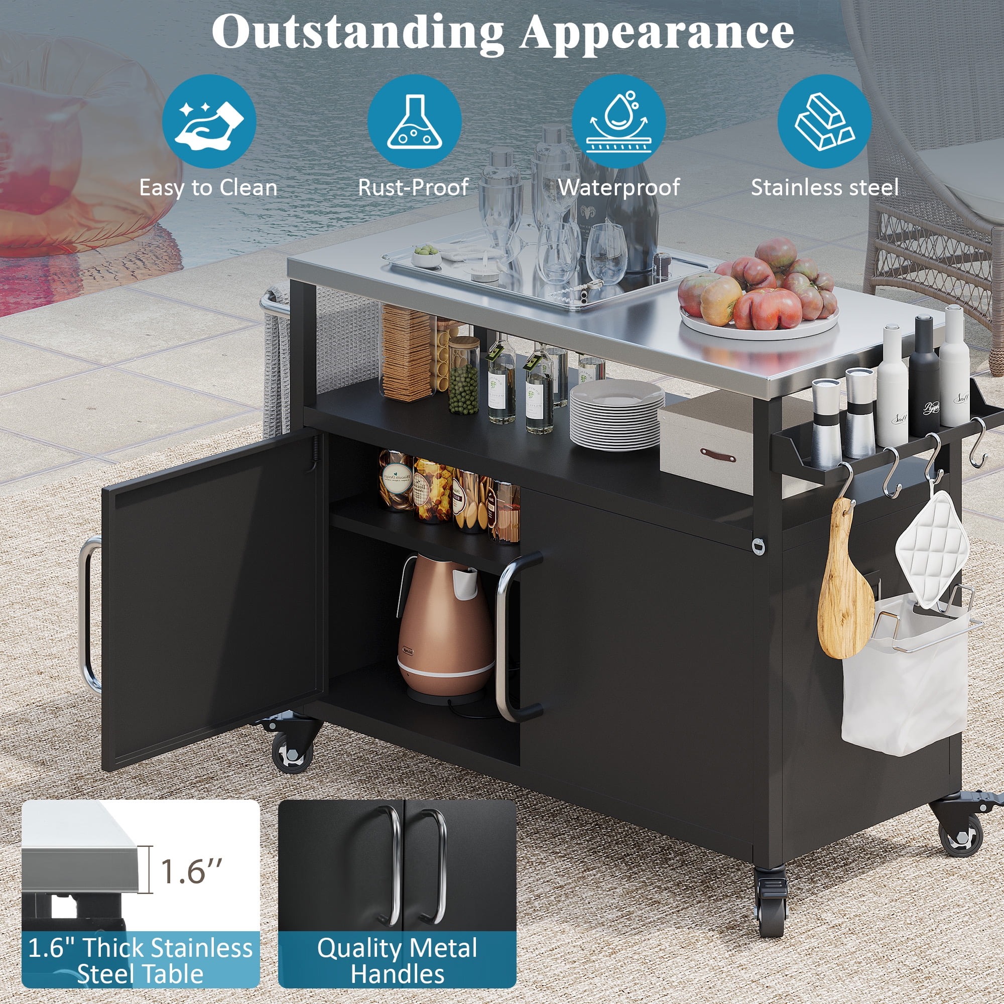 Eyisean 54.5" Outdoor Rolling Kitchen Island, Metal Prep Station with Stainless Steel Tabletop & Removable Shelf, Portable Grill Cart Table with Storage Cabinet & 4 Wheels, Spice Rack, Towel Rack