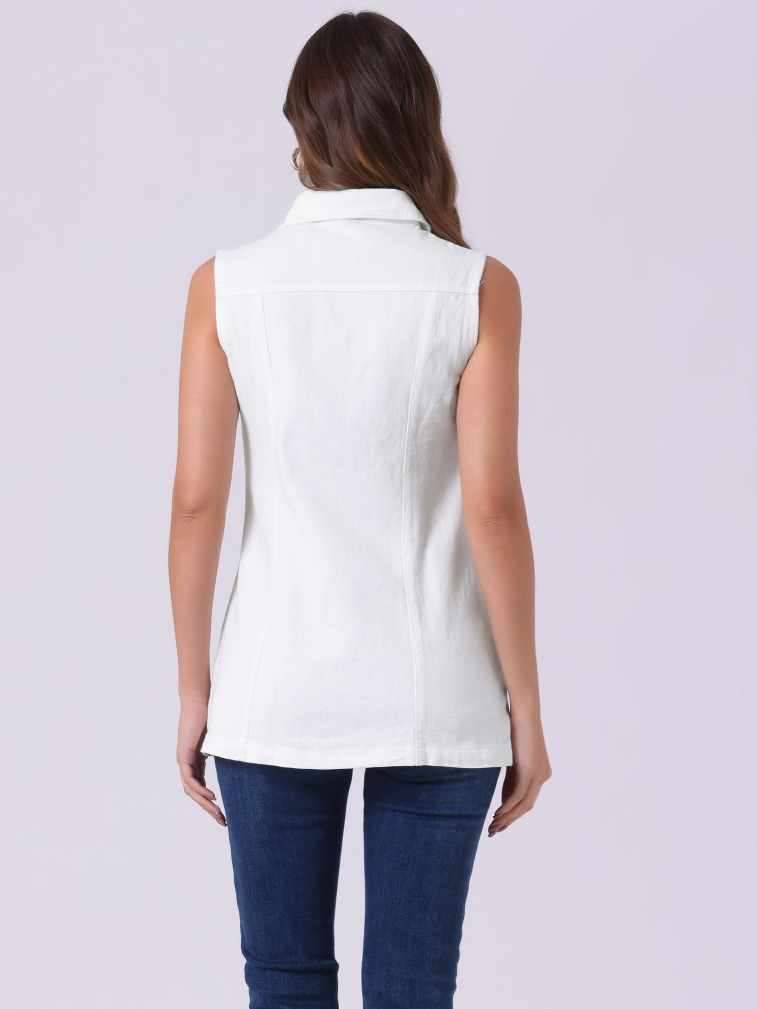 DARING DIVA Women's Button Down Sleeveless Pockets Mid-Long Denim Vest M White