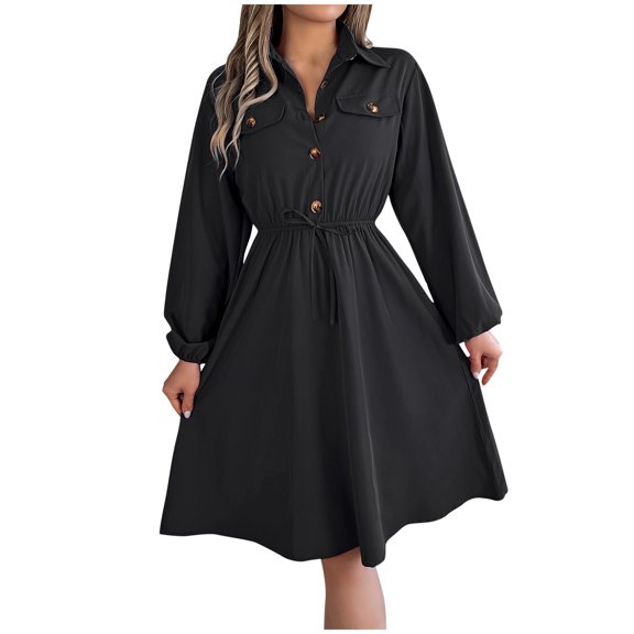 jtjvou Women's Sharp Lapel Long Sleeves Elegant Button-Down Shirt Dresses Drawstring Waist Smooth Textured Casual Mini Dress for Women Black,L