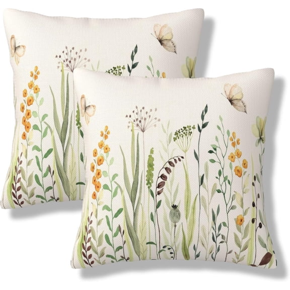 Spring Summer Floral Throw Pillow Covers Yellow Flowers Square Pillow Cases 18x18 Inch Set of 2 Green Leaves Butterfly Outdoor Decorative Pillowcase Cushion Cover for Couch Sofa