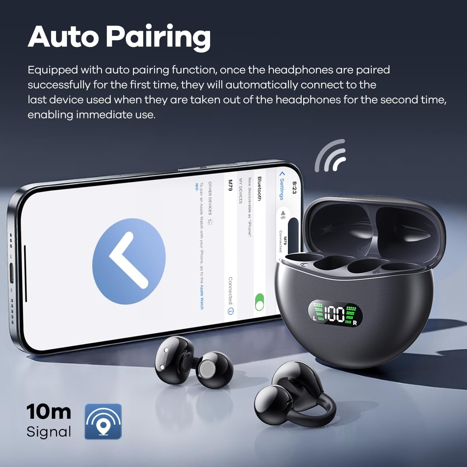 Wireless Earbuds Open Ear Clip On Headphones with LED Digital Display Charging Case Touch Control Bluetooth 5.4 Air Conduction Sport Earphones for Running Fitness, Medium Purple