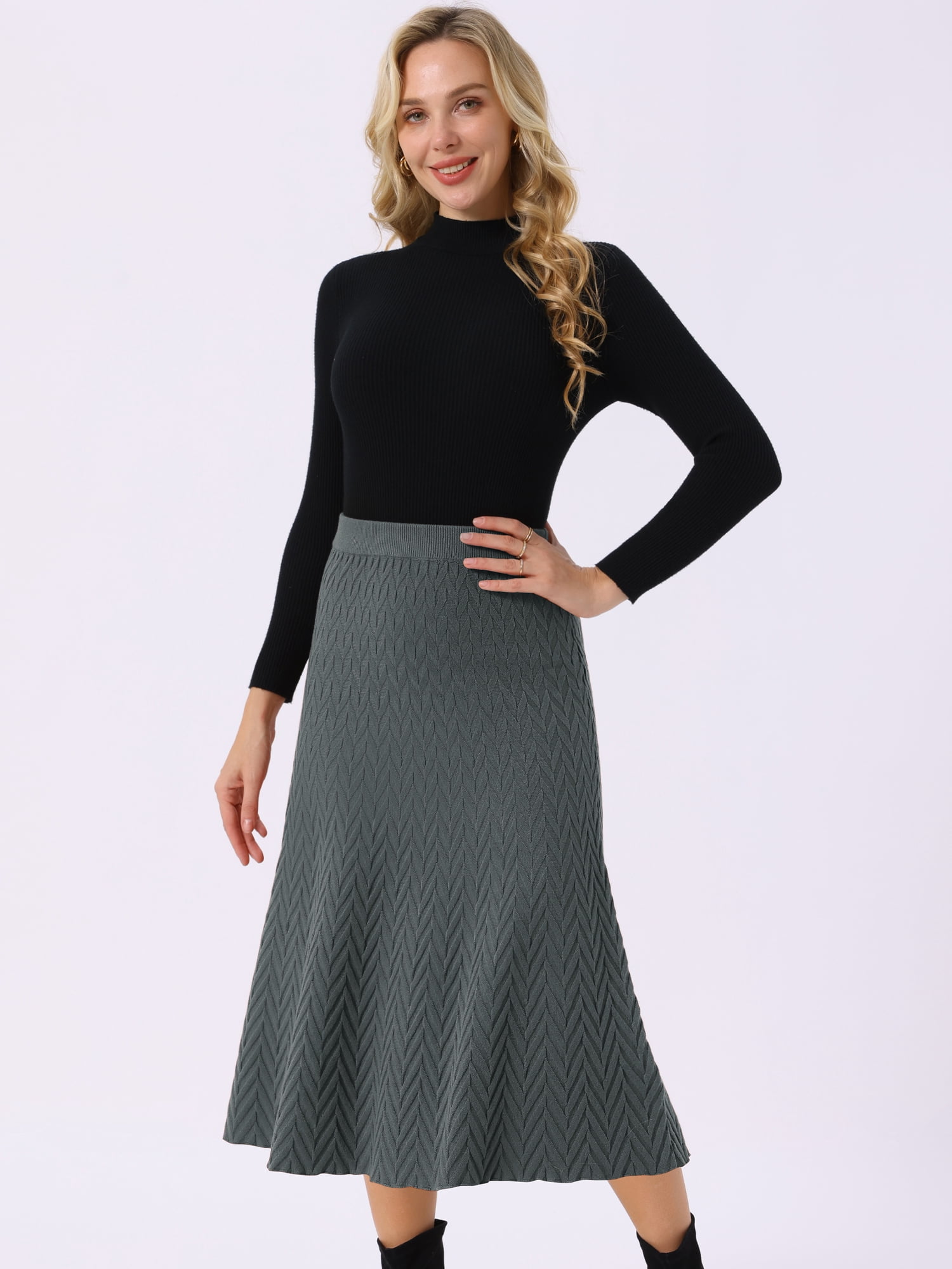 DARING DIVA Women's A-Line Skirts Stretchy Sweater Midi Skirt M Dark Gray
