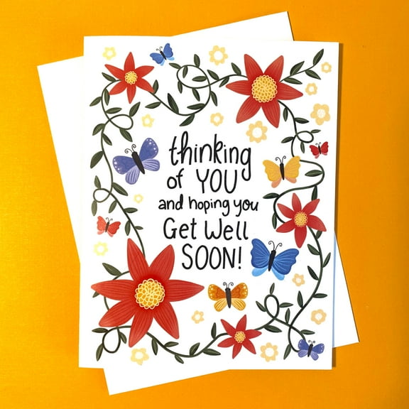 Get Well Soon Card – Floral Design with Butterflies – Thoughtful Greeting for Friends and Family – Blank Inside – Perfect for Any Get Well Message
