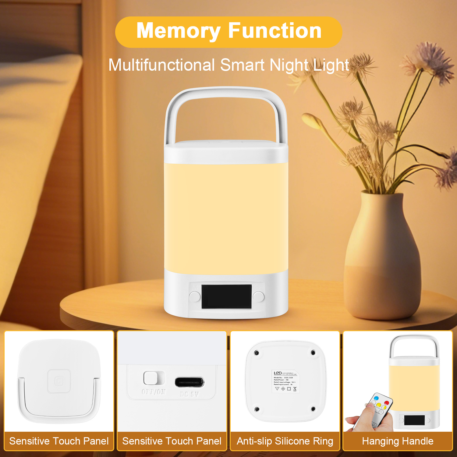 HopePow Night Light Touch Lamp for Nursery Bedside Table with Usb,Touch Night Light with Hanging Handle Clock,Remote Control 3 Way Adjustable Dimmable Portable LED Night Light for Bedroom,Nursery