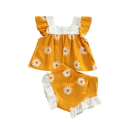 

Kiapeise Infant Baby Girls Casual Sunsuit Fly Sleeve Lace Flower Printed Tops+Bloomers Shorts 2PCS Newborn Summer Outfits