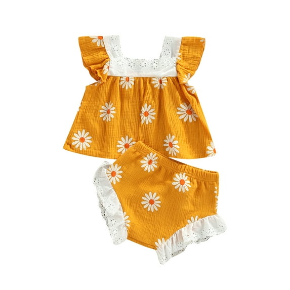 Kiapeise Infant Baby Girls Casual Sunsuit Fly Sleeve Lace Flower Printed Tops+Bloomers Shorts 2PCS Newborn Summer Outfits