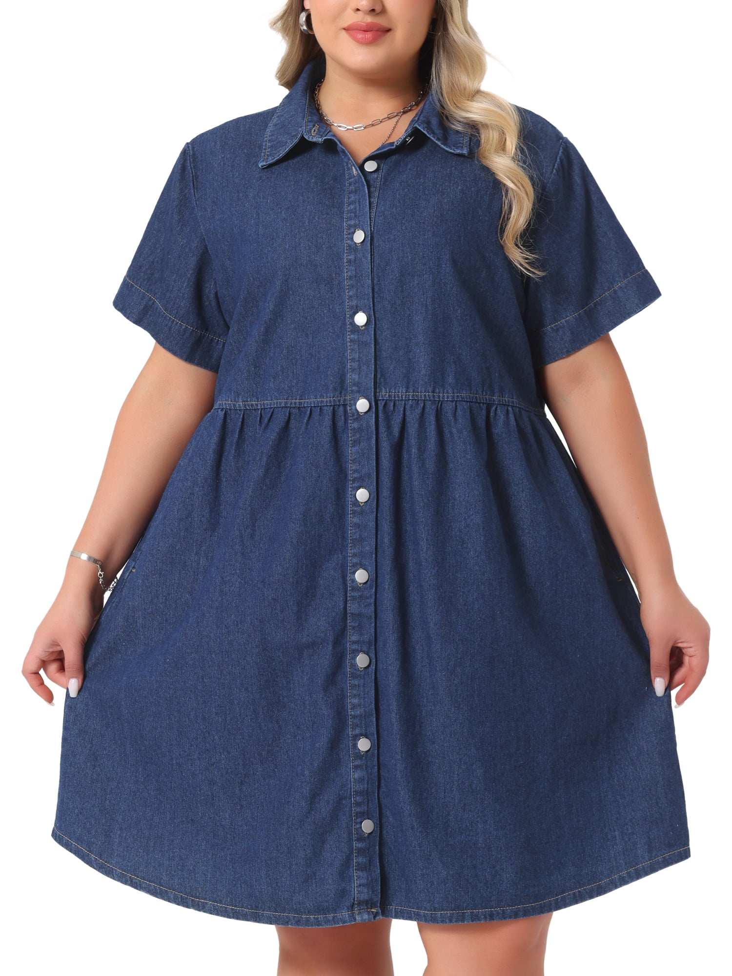 DARING DIVA Women's Plus Size Casual Denim Babydoll Pockets Dress 1X Dark Blue
