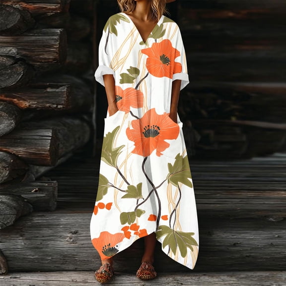 Uootdi Dresses for Women Floral Print V Neck Short Sleeve Casual Loose Fit Lightweight Maxi Dresses Gift