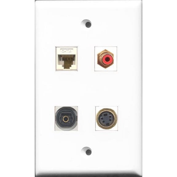 RiteAV 1 Port RCA Red and 1 Port S-Video and 1 Port Toslink and 1 Port Cat6 Ethernet White Wall Plate