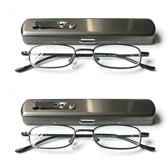EYE ZOOM 2 Pack Compact Light Metal Portable Reading Glasses with Pocket Hard Case for Men and Women, Gunmetal, 2.00