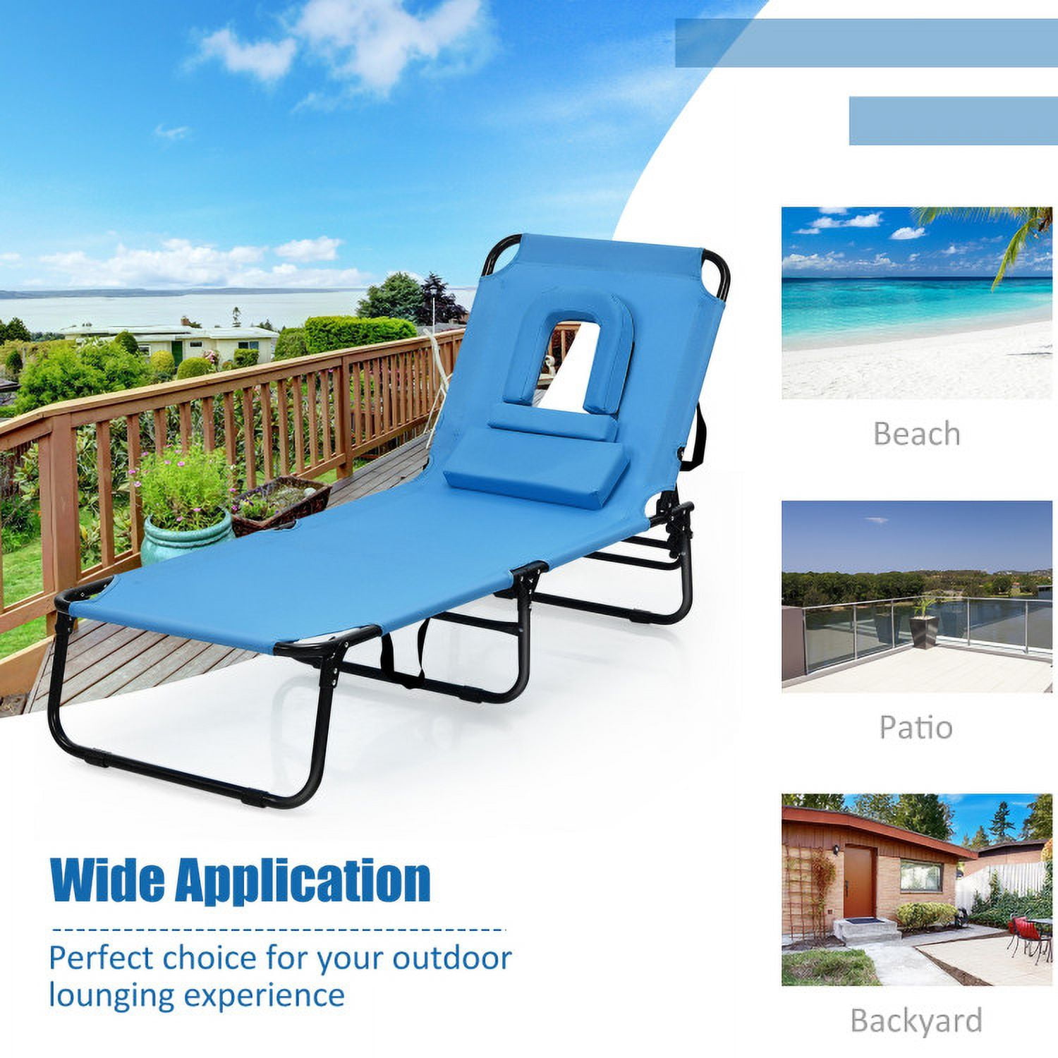Aimee Lii Outdoor Folding Chaise Beach Pool Patio Lounge Chair Bed with Adjustable Back and Hole, Patio Loungers, Blue