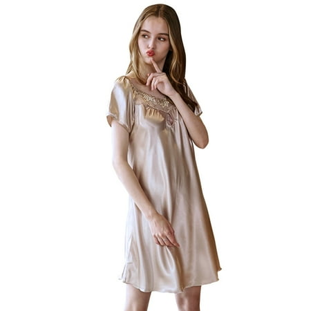 

Ladies Nightdress Solid Color Plus Size Home Service Short Sleeve Cute Pajamas Silk Lace Pajama Dress for Women Girl Khaki M
