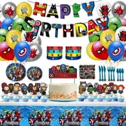 Superhero Avengers Party Supplies,Superhero Party Decorations Included Plates, Knive,Spoons,Forks, Tablecloth, Birthday Banner, Balloons, Cake Topper,Bracelets, Stickers