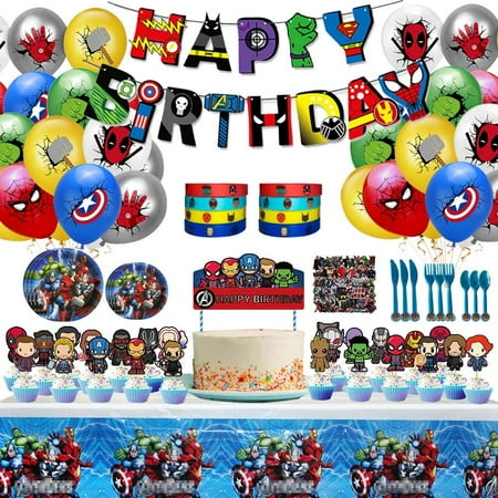 Superhero Avengers Party Supplies,Superhero Party Decorations Included Plates, Knive,Spoons,Forks, Tablecloth, Birthday Banner, Balloons, Cake Topper,Bracelets, Stickers