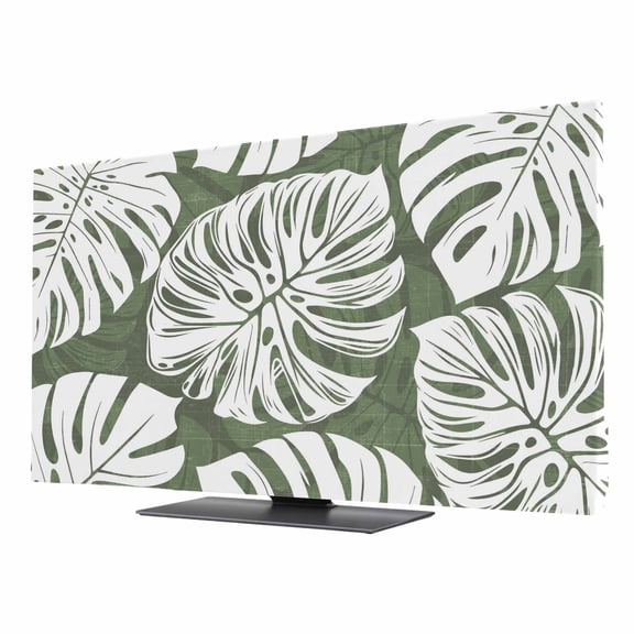 Indoor TV Cover 50 Inch, Dark Green Monstera Deliciosa Elastic Monitor Dust Covers for Television, Desktop Computer Summer Botanical Tropical Dustproof Fitted TV Cover for Inside 43.6"L x 24.5"H