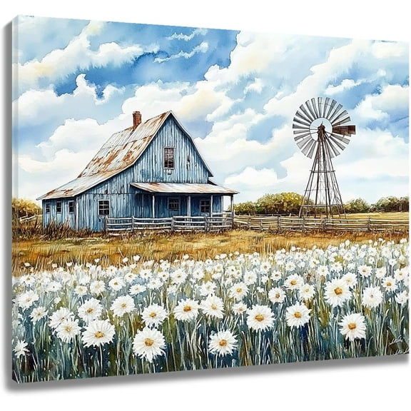Farmhouse Daisy Wall Art for Bathroom Rustic Barn and White Daisy Floral Canvas Wall Art Country Framed Wall Hanging for Bathroom Living Room Bedroom Kitchen Decor Ready to Hanging 16x12 Inch