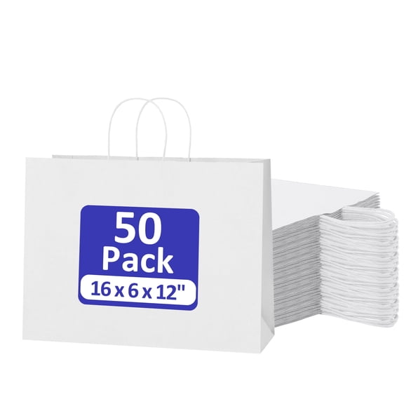BagDream 50 Pack Large Paper Gift Bags with Handles 16x6x12" Recycled White Kraft Paper Bags for Business, Merchandise, Shopping, Retail Stores