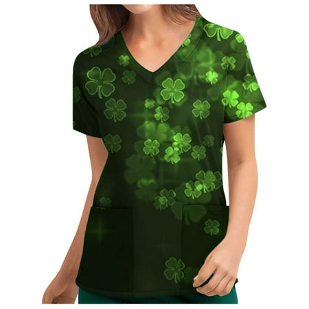 

St Patricks Day Scrub Tops Women Lucky Shamrock V-Neck Short Sleeve Nurse Working Uniforms Loose Holiday Tshirt