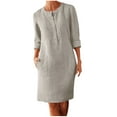 thumbnail image 2 of Cavosen Going out Dresses for Women Beige Cotton Linen Long Sleeve Midi Dress Crew Neck Knee Length Dress Solid Casual Trendy Dress Button with Pocket Fall Winter Clothes L, 2 of 5