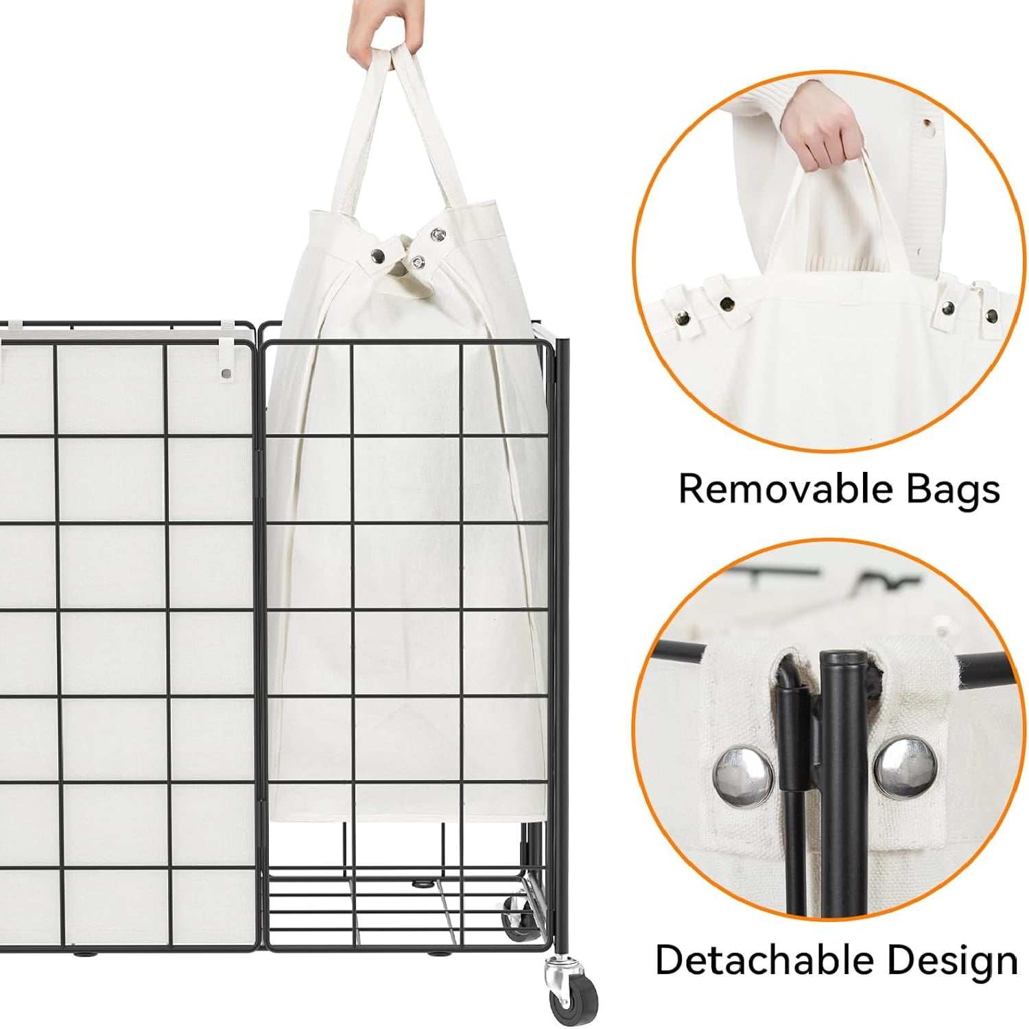 Double Laundry Hamper with Wheels,Metal Wire Frame Rolling Laundry Basket with 2 Removable bags,120L Dirty Clothes Hamper Organizer Dorm Room Storage for Bedroom,Bathroom