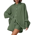 thumbnail image 3 of JIAYUE Women 2 Piece Outfits Sets Solid Color Lapel Long Sleeve Casual Linen Blend Poplin Shirt And Shorts Button Ladies Stylish Clothing Set, 3 of 7