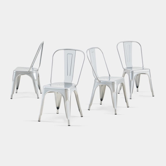 Industrial Metal Indoor-Outdoor Chairs High Gloss Style Kitchen Dining Chairs Stackable Side Chair with Back Set of 4 (Silver)