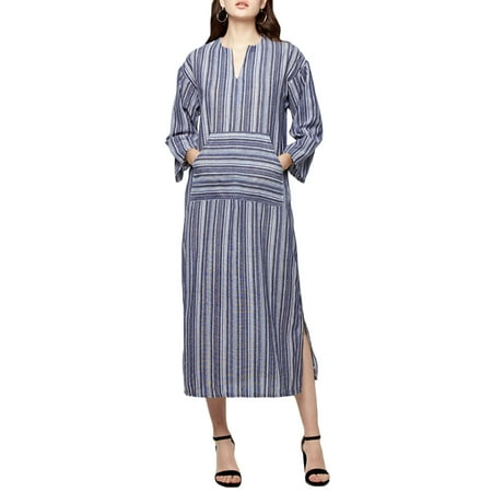 Women Dress Clearance 3/4 Sleeve Pockets Split Stripe Maxi Dress