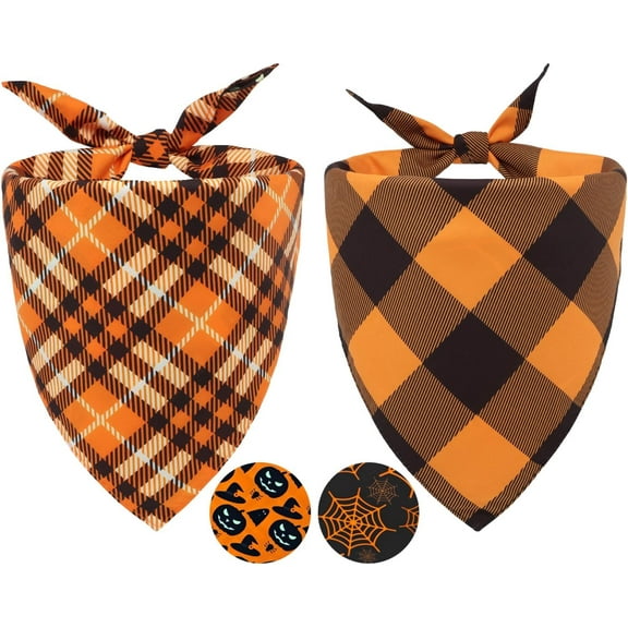 2PCS Fall Dog Bandanas,Halloween Dog Bandanas,One Side Orange Plaid,The Other Side Pumpkin or Spider Web Bibs,Holiday Pet Scarf for Boy and Girl Dogs,Thanksgiving Pet Outfit for Medium to Large Dogs