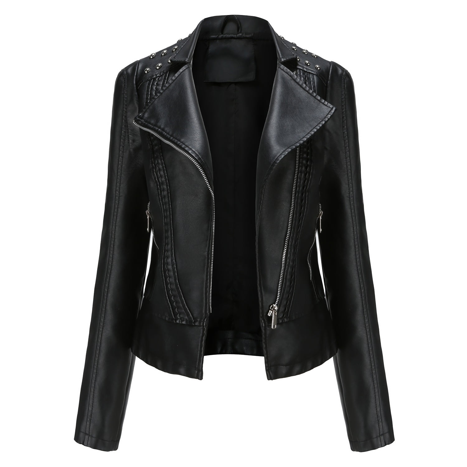 JOEYTAKE Womens Slim Fit Solid Color Rivet Personality Leather Jacket S Black Walmart