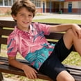 thumbnail image 2 of longantii Boys Short Sleeve Polo Shirt Tropical Leaf Print Casual Golf Shirt Cozy Comfort Collared School Uniform Shirt Hawaiian Style Kids Summer Tops Watermelon Red 13-14 Years, 2 of 6