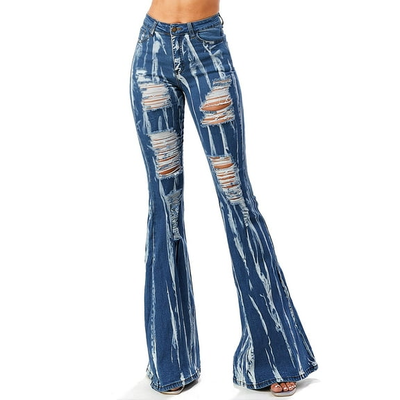 Purple Candy Womens Juniors Distressed Bleach Denim Flares (S, Medium Blue)
