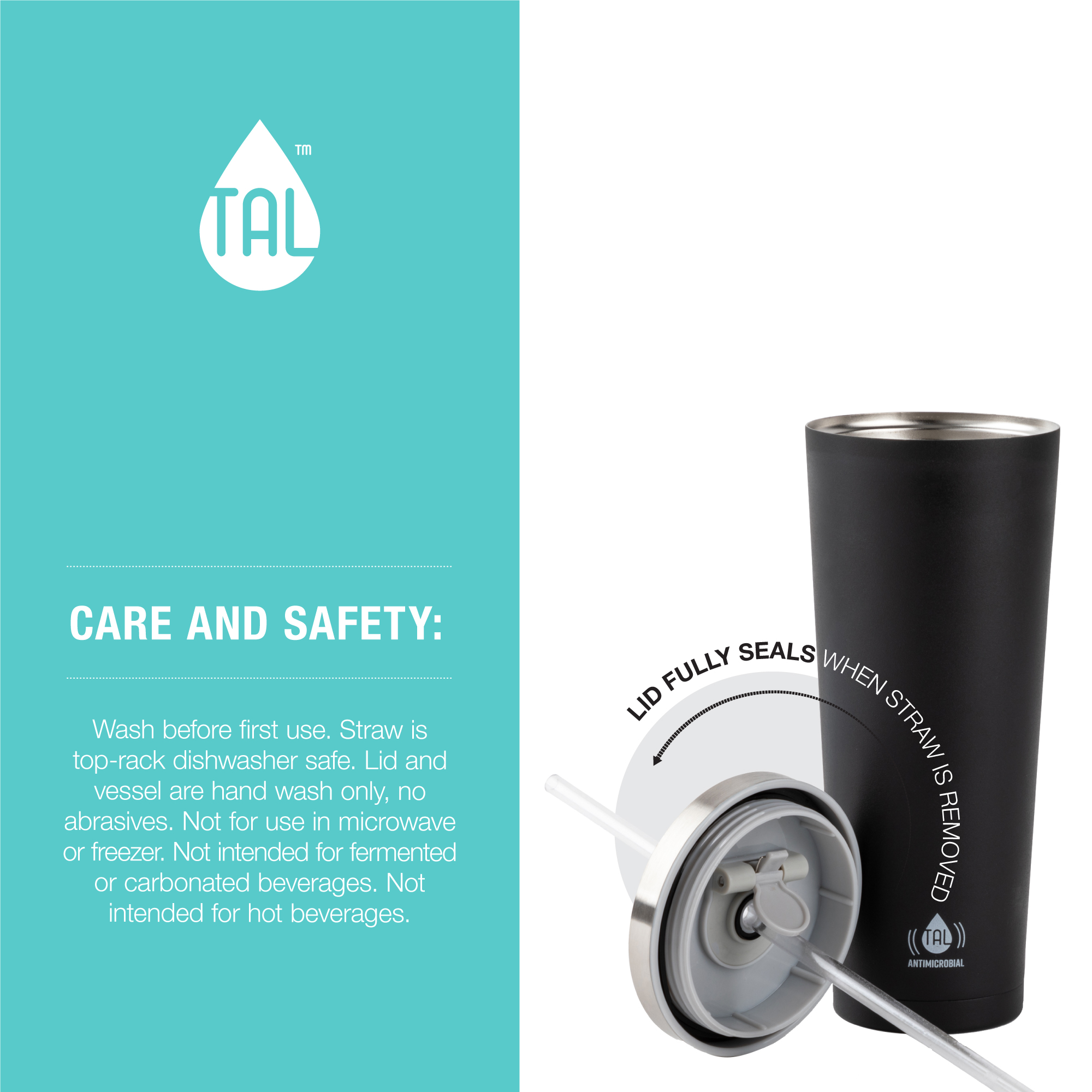 TAL Water Bottle Double Wall Stainless Steel Antimicrobial Sip Tumbler 24oz, Black