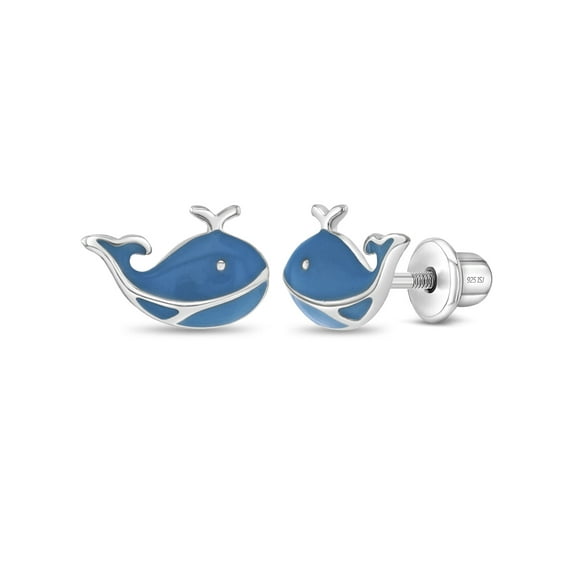 Playful Whale Kids / Girls Earrings Screw Back Enamel - Sterling Silver