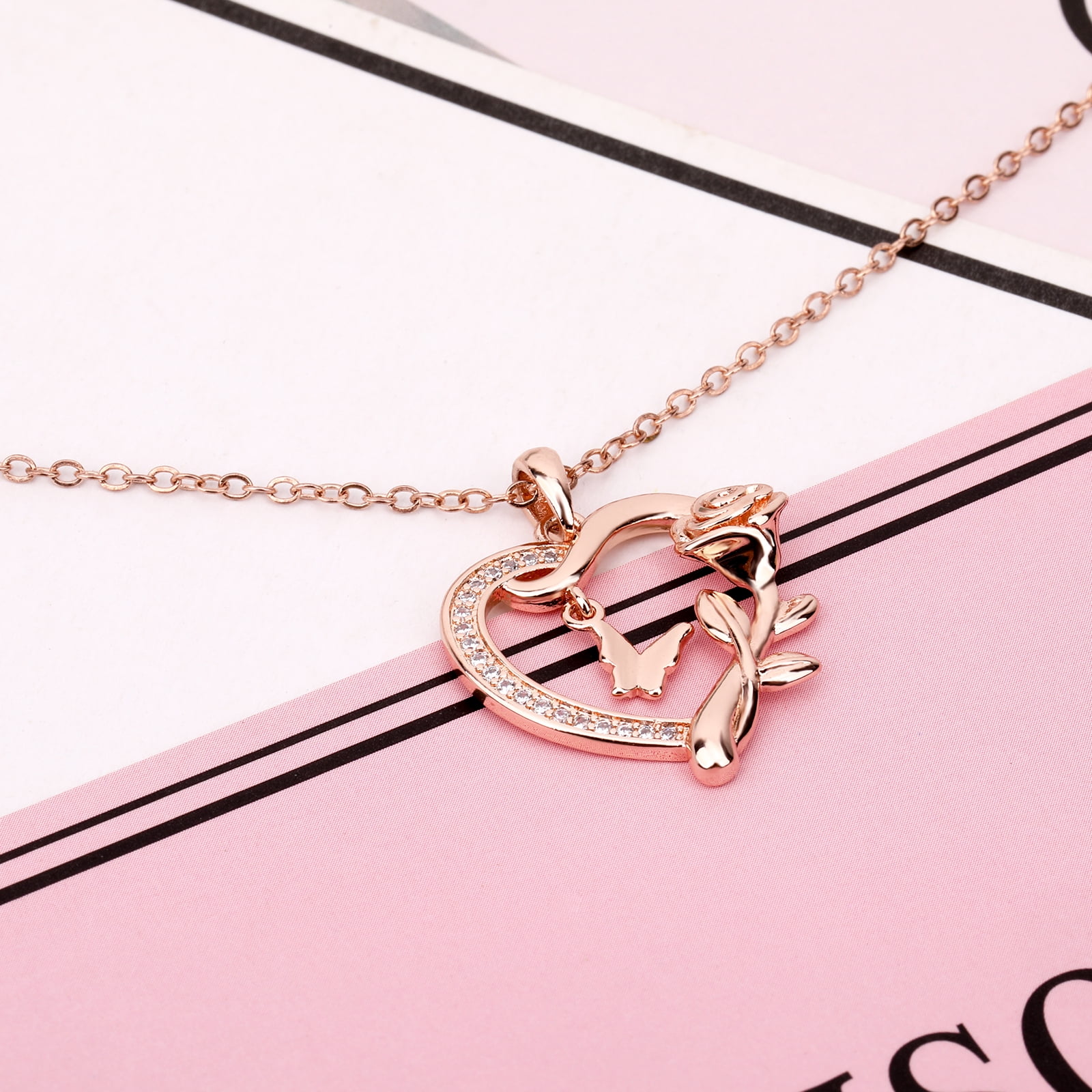 Heart Necklace for Women Rose Gold Plated CZ Romantic Rose and Butterfly Jewelry Gift for Women Birthday Valentine's Day