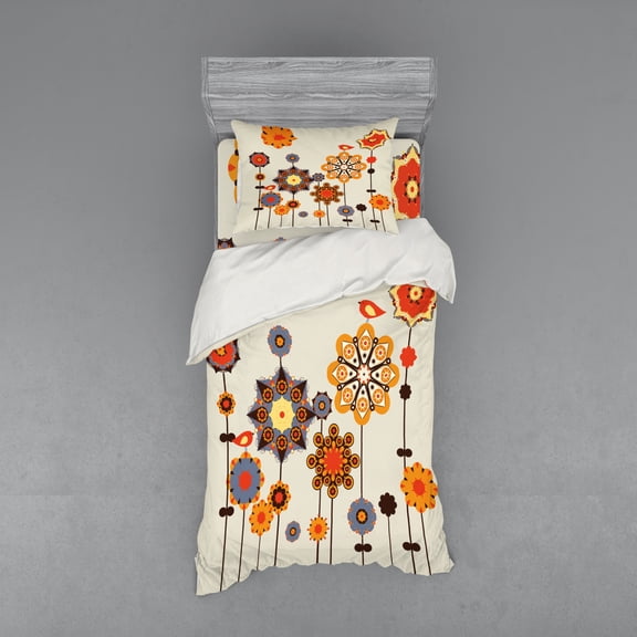 Ambesonne Mandala Bedding Set 3 Pcs, Eastern Floral Design, Twin, Beige Orange Bluegrey
