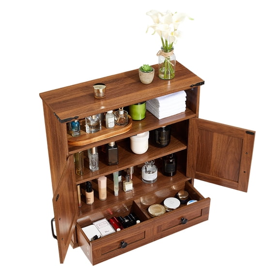 Brown Bathroom Wall Cabinet with Double Barn Doors, Adjustable Shelf, Drawer, and Open Storage – 25" Wide Wall Mounted Medicine Cabinet for Bathroom, Kitchen, Laundry, Entryway – Color: Brown