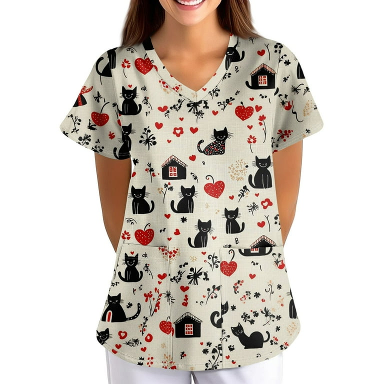 Cute Cat Scrubs PopScrub Cute Cat Letter Graffiti Cartoon Print Women's Nurse Scrub Top,  Spring/Summer Fashion V-Neck Short Sleeve Double Pocket Side Slit Workwear  School Work SHEIN UK main image 4