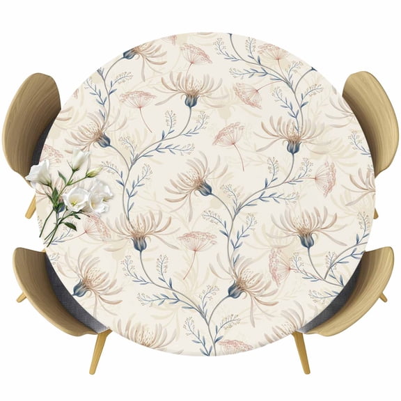 Beige Flowers Round Tablecloth, Fitted Table Cover with Elastic for 36"-44" Round Tables, Watercolor Farmhouse Botanical Floral Table Cloth Outdoor Indoor Dinning Party Waterproof Tablecloths