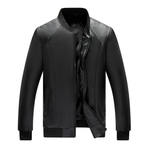 Wancir Men's Stand Collar Fleece Lined Bomber Faux Leather Jacket