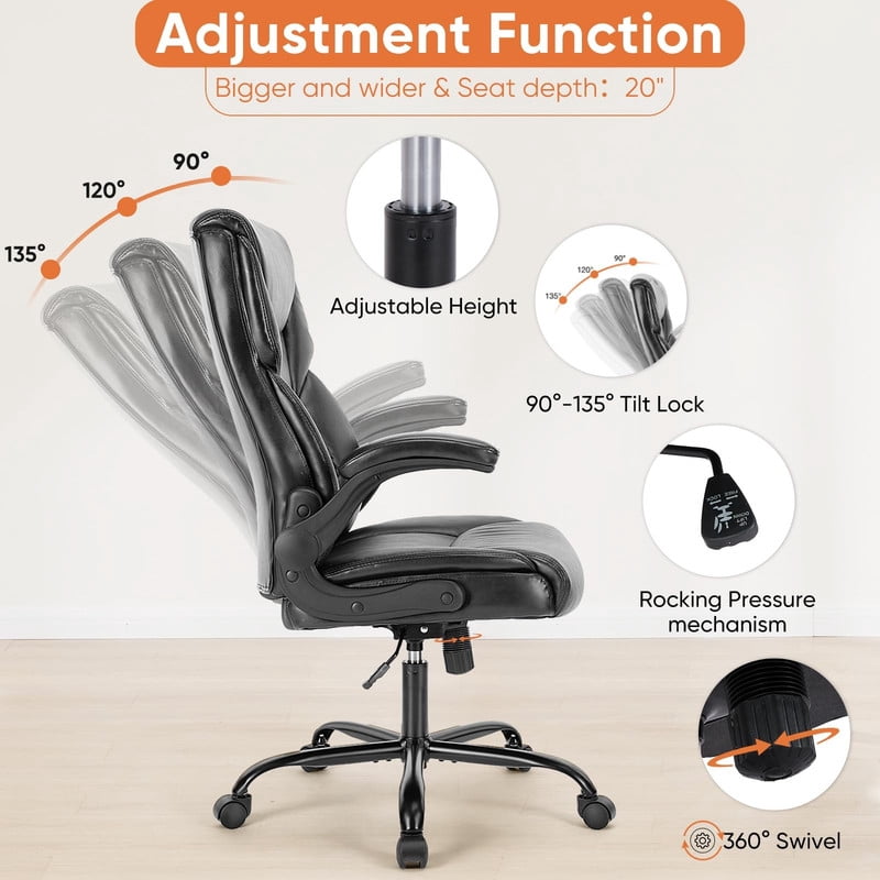 Kelno PU Leather Executive Office Chair with Flip Up Armrest Ergonomic Drafting Chair,Black